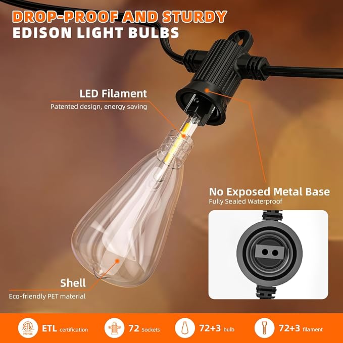 Kawaya Outdoor Lights String LED Patio Lights: 150FT Waterproof Commercial Grade Vintage String Lights for Outside - 72+3 Shatterproof ST38 Edison Bulbs for Porch Bistro Backyard Cafe (75FTx2)
