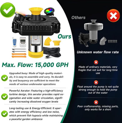 Pond Fountain Aerator with 2 RGB Lights, 1HP 110V 15000GPH Floating Fountain Pump with Timer, 100FT Power Cord, 2 x 100 FT Traction Rope, Aerating Fountains for Larger Outdoor Ponds, Lakes