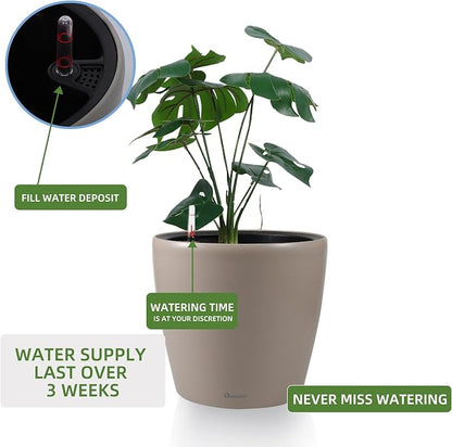 Dexceder 9x8 Self Watering Planter (Taupe Matte) | Inner Pot Design, Thickened Table Flower Plant Pot with Water Level Indicator Indoor Outdoor