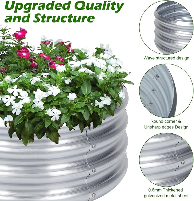 PINPON 2-Pack Galvanized Raised Garden Bed 2x2x1 ft, Round Metal Planter Box Outdoor for Vegetables Flowers, Heavy-Duty Rust-Resistant, Also Use as Fire Pit Ring for Backyard Camping