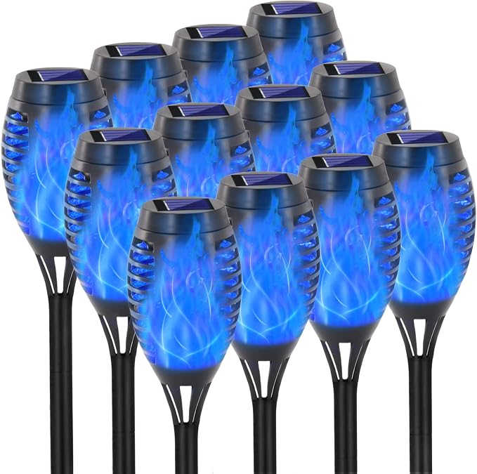 EOYIZW Solar Lights Outdoor, 12 Pack Blue Solar Torch Light with Flickering Flame, 12 LED Torches for Outside Lights Waterproof Landscape Easter Decoration Outdoor for Garden Yard