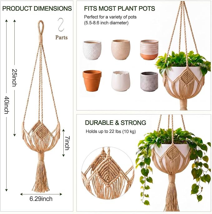 Shappy Boho Macrame Plant Hanger, Large Hanging Planter Plant Holder Pot Hanger Hanging Basket Wall Planters, Plants Lover Gift for Indoor Garden