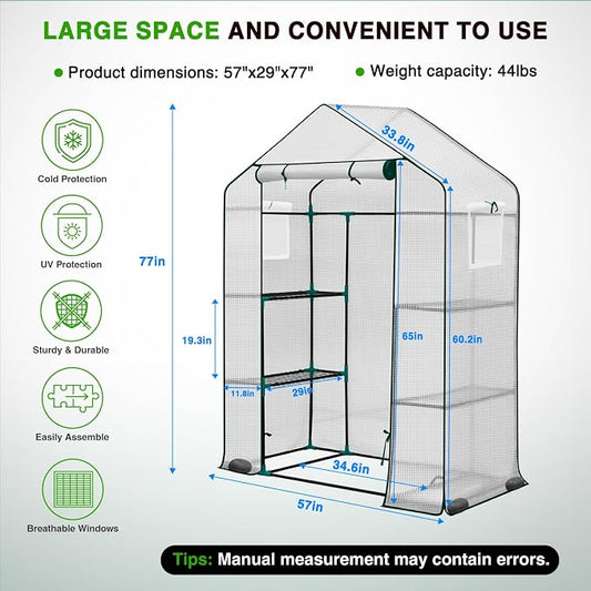 Yesker Greenhouse 57"x29"x77" Walk in Green House - Large Outdoor/Indoor Greenhouses with 4 Shelves Waterproof PE Cover & Windows, Portable Greenhouse Kit for Winter Backyard Gardening Patio, White