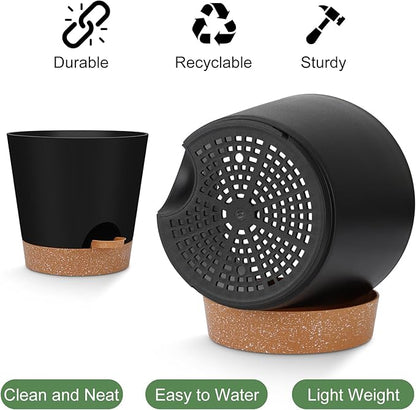YNNICO Indoor Self Watering Planters with Drainage Holes and Saucers, 8, 7, 6.5, 6, 5.5, 5 Inches, Black, 6 Pots