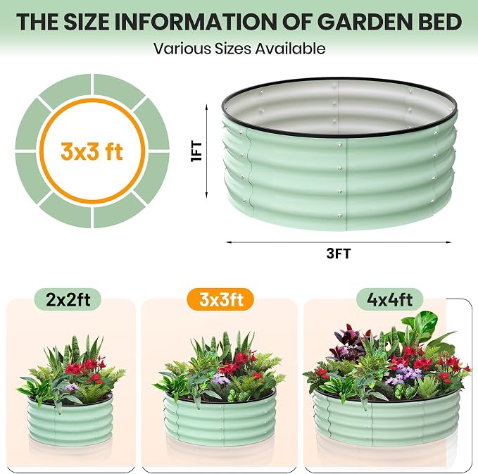 Garvee Galvanized Raised Garden Bed, 2Pcs Raised Garden Beds Outdoor, Round Planter Raised Beds with Gloves and Rubber Edge Trim for Vegetables, Flowers and Herbs, 3x3x1 FT, Green