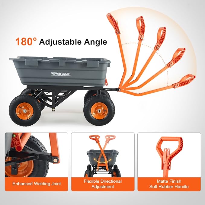 VEVOR 1500lbs Poly Garden Dump Cart Wheelbarrow Wagon with 2 in 1 Convertible Handle, Heavy Duty Yard Cart Wagon for with 13in All Terrain Wheels, Dump Trailer Tow Behind for Lawn Mower Tractor