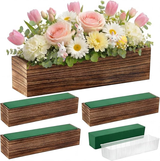 Dandat 4 Set Wood Boxes for Centerpieces 16x4 Inch Rectangle Wooden Planter Box Rustic Wood Planter with Removable Plastic Liner Floral Foam Blocks for Centerpieces Home Wedding Garden Decor