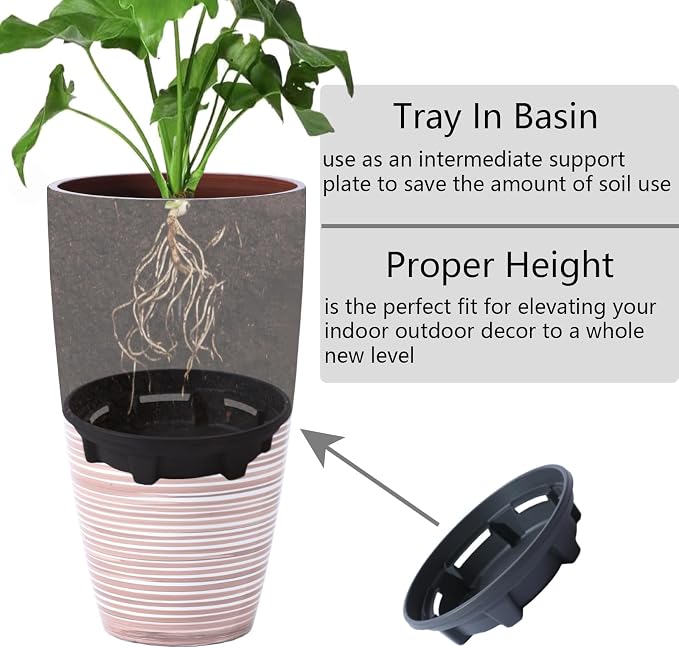 SUN-E Tall Planters for Outdoor Plants 2Pack, 21-Inch Large Striped Planter with Removable Insert Shelf,Ribbed Coffee&Milk Finish Tall Flower Pots for Front Porch Deck Boho Home Decor For Plant Lovers