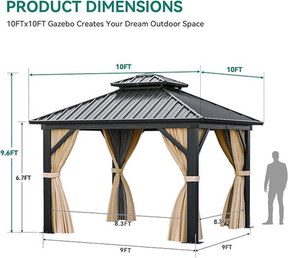 YITAHOME 10x10ft Hardtop Gazebo with Nettings and Curtains | Heavy Duty Double Roof Galvanized Steel Outdoor Combined of Horizontal Vertical Stripes Roof for Patio, Backyard, Deck, Lawn