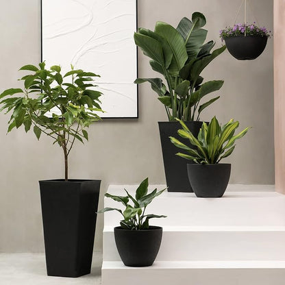 LA JOLIE MUSE Hanging Planters for Outdoor Plants, Large Hanging Planter with Drain Holes, Black Hanging Flower Pots (13.2 Inch, Set of 2)