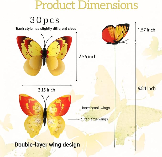 30PCS Yellow Butterfly Decor Fake Butterfly Stakes for Spring Garden Decor | 3D Waterproof Double Layer Butterfly Garden Stakes Artificial Butterflies for Flower Arrangements Outdoor Indoor Spring Decor