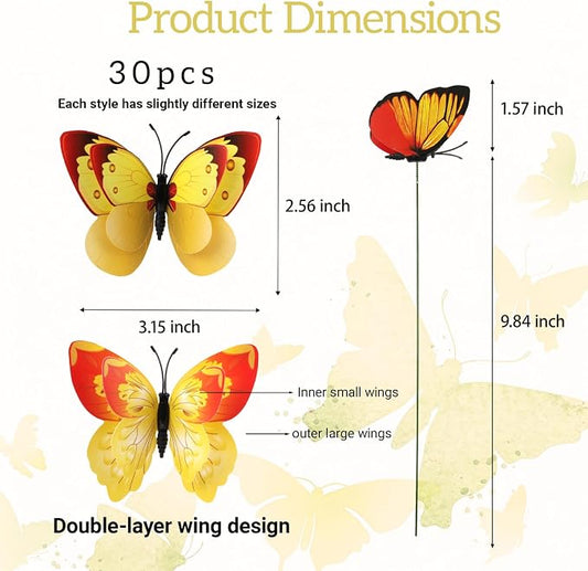 30PCS Yellow Butterfly Decor Fake Butterfly Stakes for Spring Garden Decor | 3D Waterproof Double Layer Butterfly Garden Stakes Artificial Butterflies for Flower Arrangements Outdoor Indoor Spring Decor
