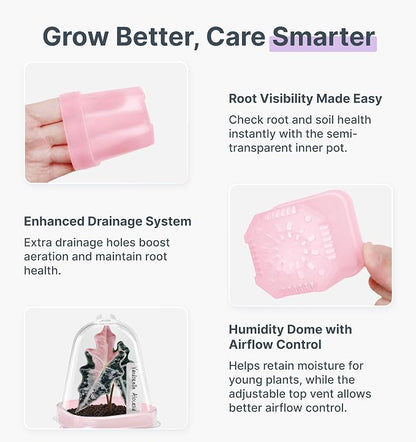 12 Pack 2.5" Small Pink Self Watering Pot with Humidity Dome for Indoor Plant,Clear Seed Starter Cup,Tissue Culture Acclimation Kit,Alocasia Corm Propagation,African Violet,Cutting,Seedling