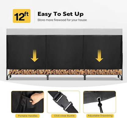 VIVOHOME 12ft Waterproof Firewood Log Rack Cover, Heavy Duty 600D Oxford Outdoor Weather Resistant Fire Wood Storage Holder Cover with Zipper and Hook Loop Tape