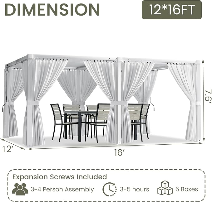 Louvered Pergola 12'x16' Outdoor Pergola with Roof, Heavy Duty Aluminum Frame & Waterproof Curtains, Hardtop Gazebo with Adjustable Louvers for Patio, Deck and Backyard, White