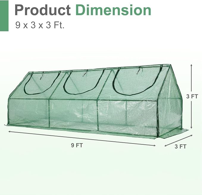 Aoodor 9 x 3 x 3 ft Mini Greenhouse with 3 Zipper Doors, Water-Resistant, UV-Protected for Flowers, Vegetables, and Herbs, Green