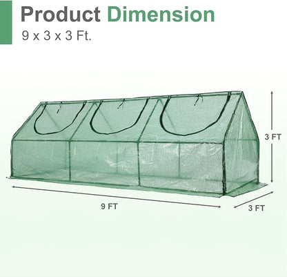 Aoodor 9 x 3 x 3 ft Mini Greenhouse with 3 Zipper Doors, Water-Resistant, UV-Protected for Flowers, Vegetables, and Herbs, Green