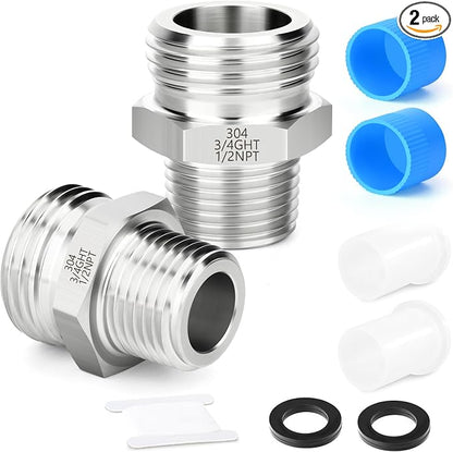 TAISHER 2PCS 304 Stainless Steel Garden Hose Adapter, 3/4" GHT Male x 1/2" NPT Male Garden Hose Connector with Washers