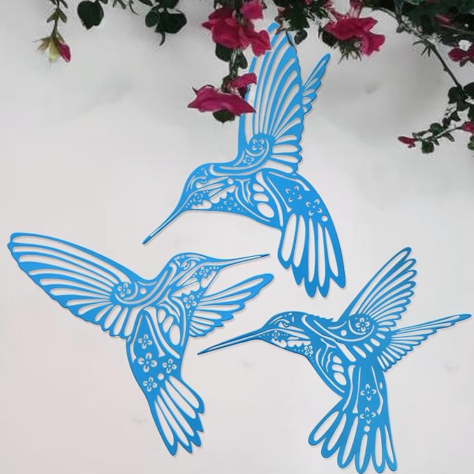 QZGXDECO Metal Hummingbird Outdoor Wall Art Decor-Blue Birds Wall Decorations Hanging Ornaments-Fence Decorations Outdoor Wall Sculpture for Kitchen Patio Bedroom Living Room Bathroom Balcony