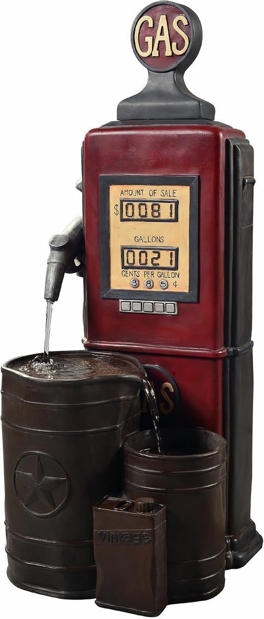 Peaktop Teamson Home Vintage Gas Station Statue 3 Tiered Floor Waterfall Fountain with Pump for Outdoor Patio Garden Backyard Decking, 42 Inch Height, Dark Red | Statue Design, 42 Inch Height, Includes Pump, For Outdoor Patio Garden Backyard Decking