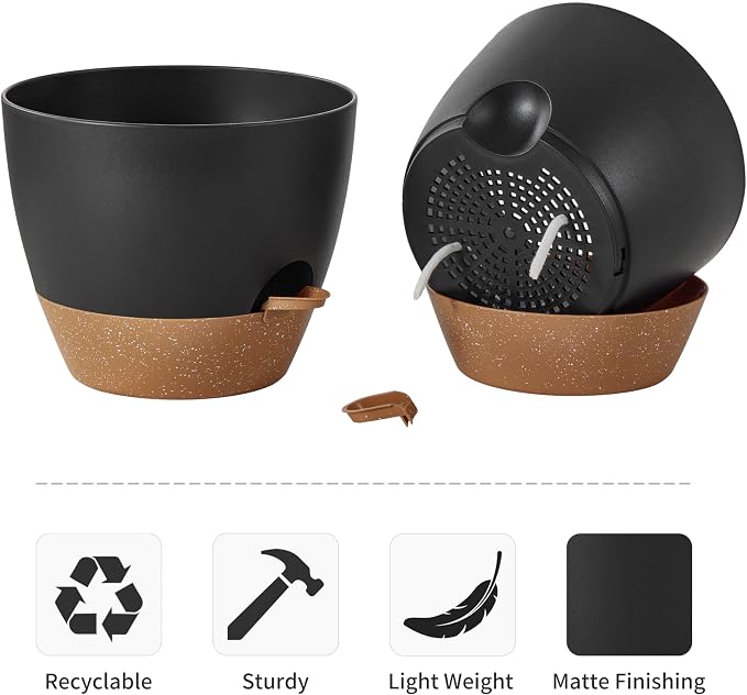 FaithLand 3-Pack Large Planter Pots, 12 10 9 Inch Self Watering Flower Pots for Indoor Outdoor Garden Plants, Black with Brown
