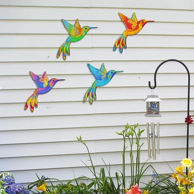 Metal Hummingbird Wall Decor,Outdoor Fence Birds Art Decoration,Hanging Decorations for Garden,Yard,Patio Balcony (4 Pack)