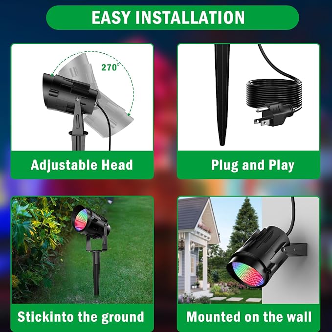 Outdoor Spotlights RGBW Led Lights, 12W Color Changing Landscape Lighting for Garden House Tree, 120V Waterproof Outdoor Spot Lights for Yard with Remote Control (2 Pack)