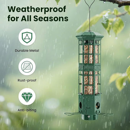 Squirrel Proof Bird Feeder, Chew-Resistant Metal Hanging Bird Feeder for Outdoors Gravity Spring Mechanism, 3 Feeding Ports, 3LB Large Capacity, Weatherproof Design for Wild Birds