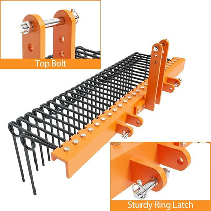 Garvee 72 Inch 3 Point Tractor Rake, Pine Straw Needle Rake | Steel Spring Landscape Rakes Durable Powder Coated Fit for Cat0,Cat1,Cat3 Tractors, Orange
