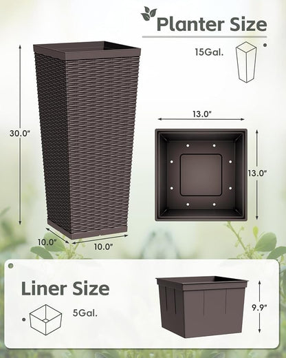 Greesum 30 Inch Tall Plastic Planters with Rattan Texture – Set of 2, Detachable Inner Pot & Drainage Holes, Indoor/Outdoor Decorative Flower Pots for Large Plants, Trees, Patio, and Garden, Brown