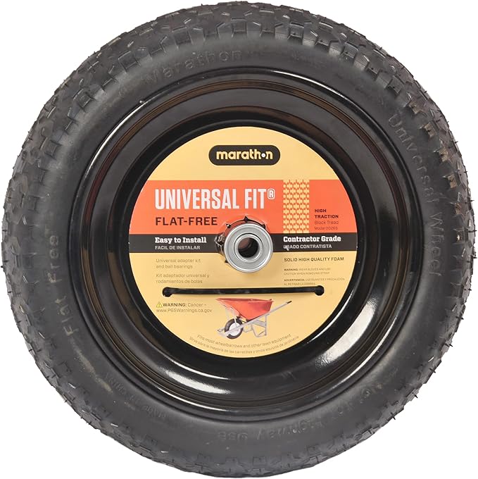 Universal Fit, Flat Free Wheelbarrow Tire and Wheel Assembly with Adapter Kit, black