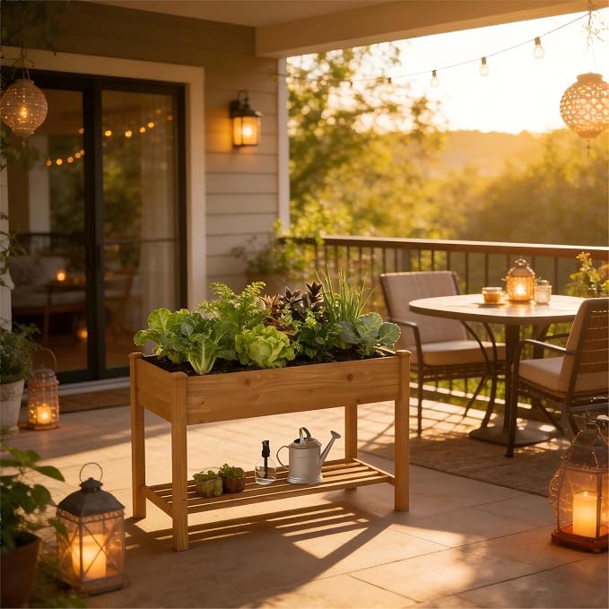 PL 48x24x30.5IN Raised Garden Bed with Legs Elevated Wooden Planter Box Stand Large Planter Stand Box for Fruits Vegetables Flowers Herbs w/Divider Liner (Brown-M)