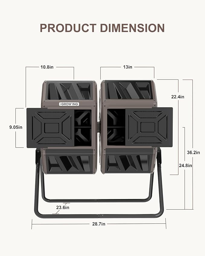 THE Growing 53 Gallon Large Outdoor Compost Bin Tumbler Barrel, Brown | Dual 26.5gal landscape-blending chambers for bulk waste. Reinforced frame adds stability. Easy bolt outdoor yard assembly.
