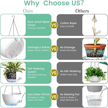 UOUZ Set of 3-10 Inch Self Watering Hanging Planters for Indoor Outdoor，Hanging Plant Pots with Drainage & Removable Tray, Hanging Pots for Pothos Plant, Spider Plants, Ferns, Balcony & Patio, White