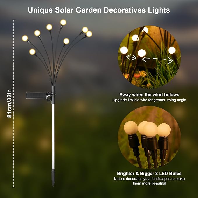 ASMAD Solar Garden Lights, 6 Pack 48 LEDs Solar Outdoor Lights, Firefly Lights for Patio Pathway Outdoor Decor, Bigger Bulb Base&Vary in Lenth, Warm White