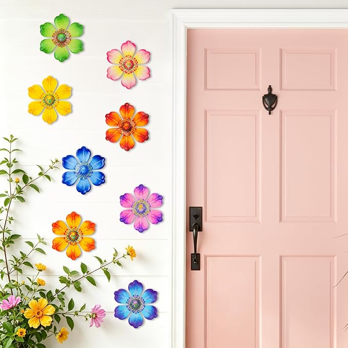 8Pcs Metal Flower Decor, 6.2" Outddoor Metal Wall Art Hanging Decoration for Garden Fence Yard Living Room Patio Backyard, Metal Flowers for Outside