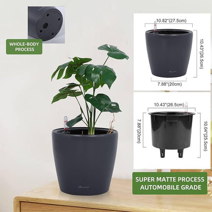 Dexceder 11x10 Self Watering Planter (Slate Gray Matte) | Inner Pot Design, Thickened Table Flower Plant Pot with Water Level Indicator Indoor Outdoor