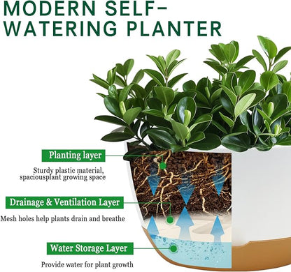 Koalaime 8/10/12 Inch Pots for Indoor Plants, Large Self Watering Planters with Drainage and Saucers, Plastic Outdoor Flower Pot, Set of 3, White