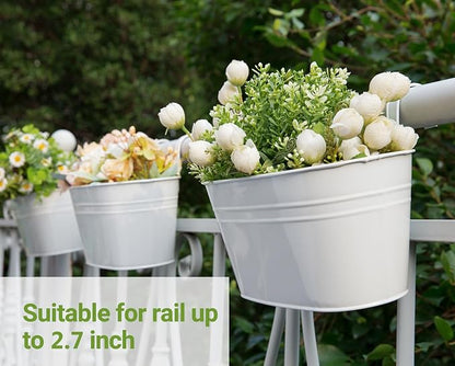 Dahey 3 Pcs 10.5 Inch Metal Iron Hanging Flower Pots for Railing Fence Hanging Bucket Pots Countryside Style Window Flower Plant Holder with Detachable Hooks Home Decor,White