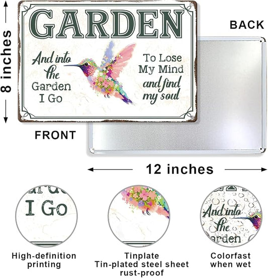 Hummingbird Floral Gardening Metal Tin,And Into The Garden Sign | Funny Garden Wall Art for Porch Garden Yard Patio Fence Yard Indoor Outdoor Wall Decor