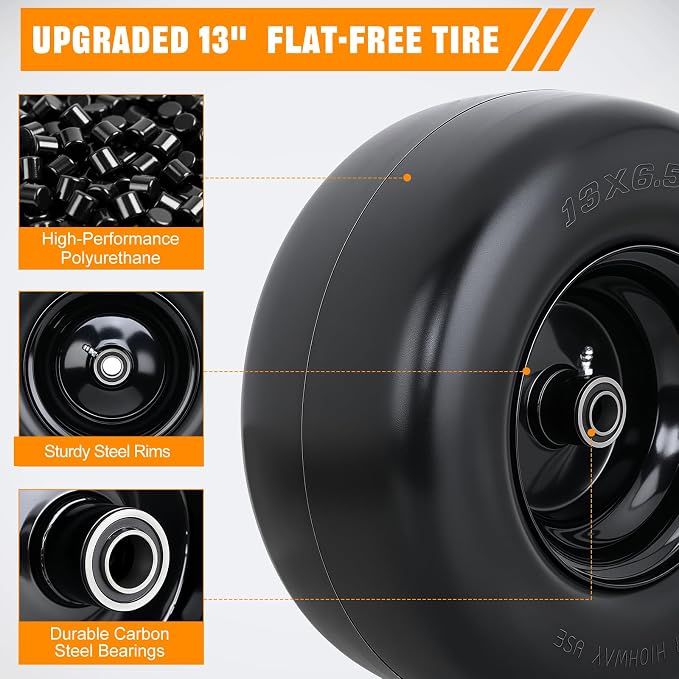 Yesker 13x6.50-6 Flat Free Lawn Mower Tire and Wheel Assembly with 3/4" Bearing Bore, 13x6.50-6nhs Solid Riding Lawnmower Tires with 3.25" Center Hub, 2 Pack