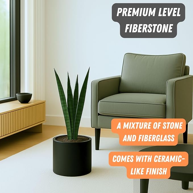 Fox & Fern Large Indoor Planter, Modern Large Plant Pot for Indoor or Outdoor, UV and Frost Resistant - 8 Inch, Matte Black Flower Pot with Drainage Plug, Lightweight