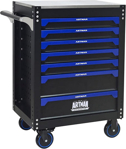 7-Drawer Rolling Tool Chest, Iron Top for Garage, Black&Blue | Heavy Duty Mobile Tool Cabinet with Drawers, Large Metal Tool Box Organizer for Repair Shop and Storage
