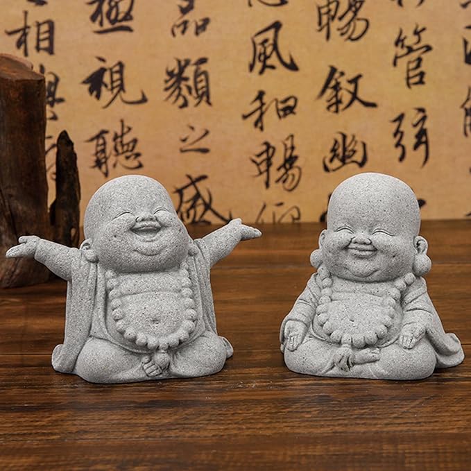 2Pack Buddha Sandstone Statues Zen Monk Buddha Statue Zen Garden Decor Zen Monk Praying Statue Sculptures Ornament for Wealth Good Luck Feng Shui Decor(Laughing Buddha)