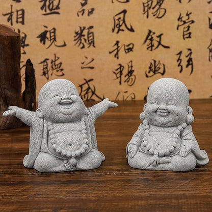 2Pack Buddha Sandstone Statues Zen Monk Buddha Statue Zen Garden Decor Zen Monk Praying Statue Sculptures Ornament for Wealth Good Luck Feng Shui Decor(Laughing Buddha)