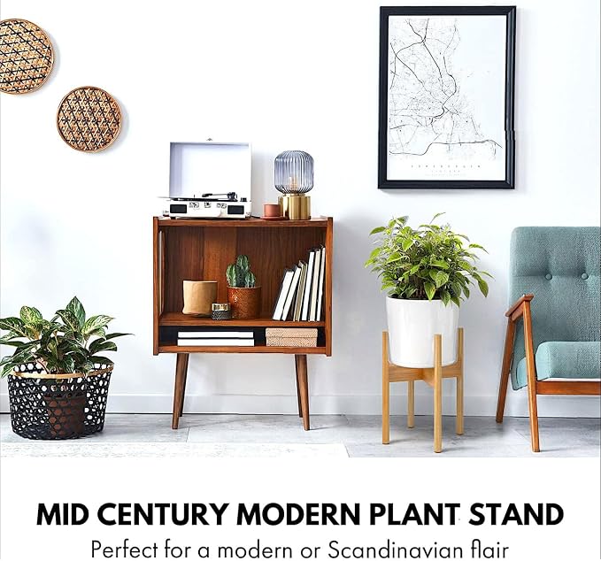 Fox & Fern Bamboo Plant Stand — 8 Inch Fixed Size Mid Century Plant Stand for Indoor Pots (Not Included); Raised Flower Pot Holder for Indoors; Plug In Design; Two Height Options - Bamboo