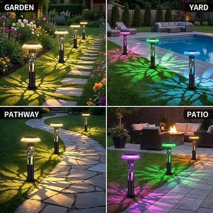 Eyrosa Solar Pathway Lights, Large Outdoor Garden Decor Stainless Steel Lights with Elegant Pattern, Dual-Zone Lighting, 8 Color Modes, IP55 Waterproof Landscape Lighting for Yard Walkway, 6 Pack