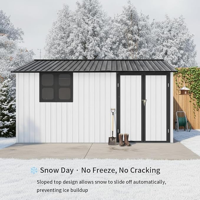 KEIKI 12x10 Ft Metal Outdoor Storage Shed Garden with Window, Foldable Worktable & Shelves, Lockable Door, Waterproof Apex Roof Heavy Duty Tool House for Backyard Garden Lawn, White Black