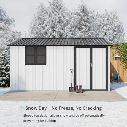 KEIKI 12x10 Ft Metal Outdoor Storage Shed Garden with Window, Foldable Worktable & Shelves, Lockable Door, Waterproof Apex Roof Heavy Duty Tool House for Backyard Garden Lawn, White Black