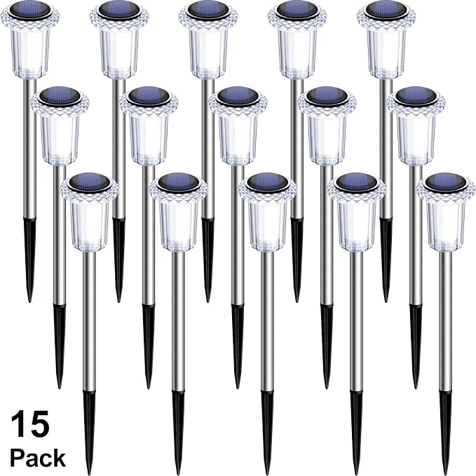 DenicMic Solar Garden Lights Outdoor Waterproof Warm White LED 15 Pack | Yard Garden Driveway Walkway Landscape Path Lights, Starburst Pattern, Acrylic Diamond-like Lampshade Stainless Steel Pole